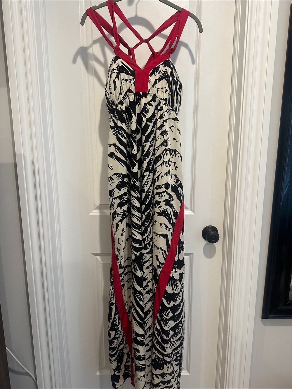 Express Red Trim Black & White Maxi Dress with Strappy Back - small